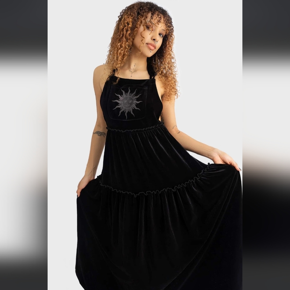 Killstar Black Velvet Maxi Dress with Sun Design
